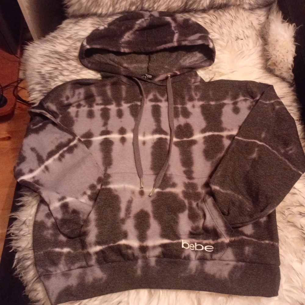 BEBE SPORT Tie Dye Hoodie (S) | Black & Grey Y2K Loungewear Pullover